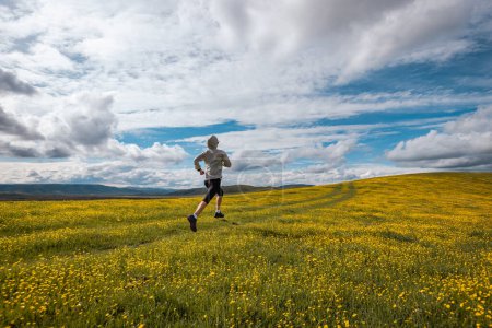 Photo for Woman trail runner cross country running in high altitude flowering mountains - Royalty Free Image