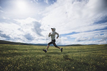 Téléchargez les photos : Femme trail runner cross country en montagne fleurie en haute altitude - en image libre de droit