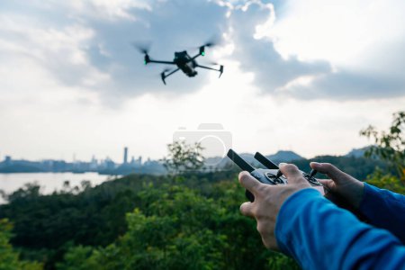 Photo for Drone flying  in spring city - Royalty Free Image