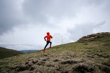 Foto de Mujer trail runner cross country running to high altitude mountain peak - Imagen libre de derechos