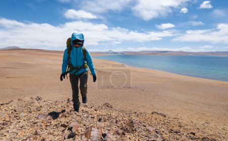 Téléchargez les photos : Femme randonneur profiter de la vue sur le bord de la falaise au bord du lac - en image libre de droit