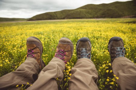 Photo for Female hikers relaxing on summer high altitude flowering grassland - Royalty Free Image