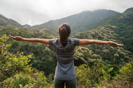 Téléchargez les photos : Cheering femme heureuse se sentir libre sur le sommet de la montagne du printemps matin - en image libre de droit