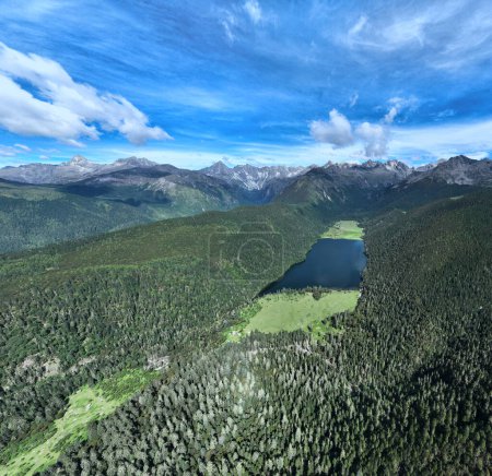 Vista aérea del hermoso paisaje de montaña del lago del bosque de gran altitud