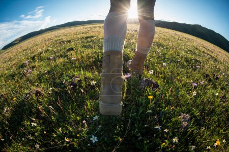 Foto de Mujer senderista piernas caminando hermoso florecimiento pastizales - Imagen libre de derechos