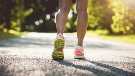 Téléchargez les photos : Fitness femme coureuse prête à courir sur un parc tropical ensoleillé - en image libre de droit