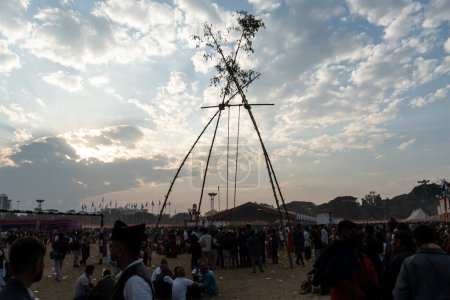 Photo for Nepalese people play on a traditional bamboo ping or swing during North East Gurkha festival, on December 27, 2023 in Guwahati, Assam, India. Gorkha Development Council organised the North East Gurkha Festival to showcase the rich heritage of the Gor - Royalty Free Image