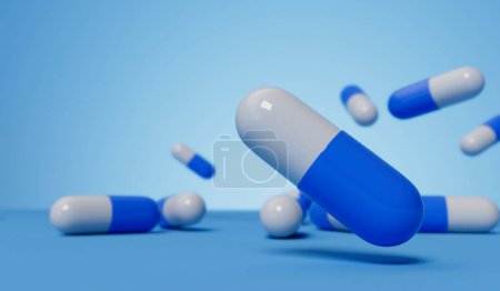 Foto de Cápsulas de píldoras médicas sobre un fondo azul. Concepto de salud. Renderizado 3D. - Imagen libre de derechos