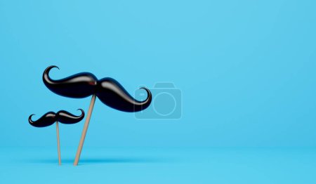 Téléchargez les photos : Moustache poils du visage sur un bâton de bois sur un fond bleu. Rendu 3D. - en image libre de droit