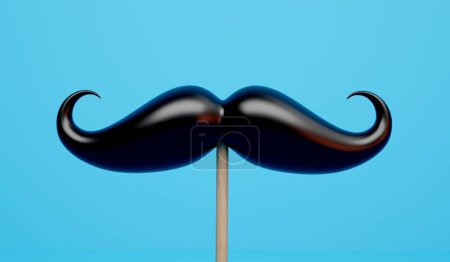 Photo for Mustache facial hair on a wooden stick against a blue background. 3D Rendering. - Royalty Free Image