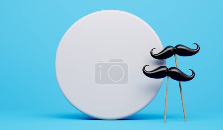 Téléchargez les photos : Moustache noire avec une étiquette de cercle blanc vierge. Rendu 3D. - en image libre de droit
