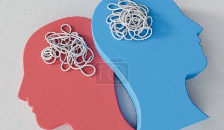 Photo for Relationship issues. two heads with complex tangled brain. 3D Rendering. - Royalty Free Image