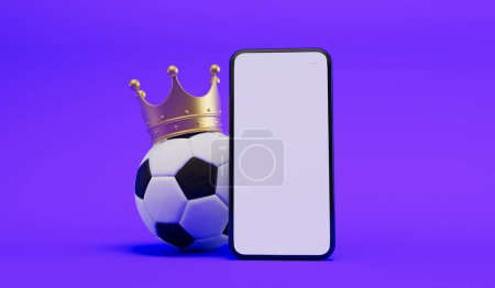 Concept de football en ligne. Football avec couronne et smartphone. Rendu 3D.