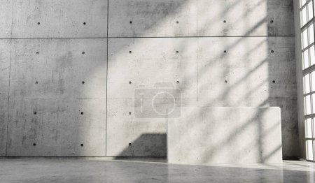 Téléchargez les photos : Salle en béton abstraite, vide et moderne avec lumière du soleil depuis une fenêtre. arrière-plan intérieur industriel, rendu 3D. - en image libre de droit