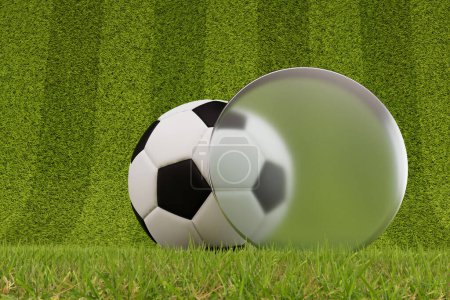 Téléchargez les photos : Ballon de football sur un terrain en herbe avec une étiquette en verre givré. Rendu 3D. - en image libre de droit