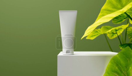 Photo for Cosmetic tube product mock up. Beauty skin care packaging with tropical leaves. 3D Rendering. - Royalty Free Image