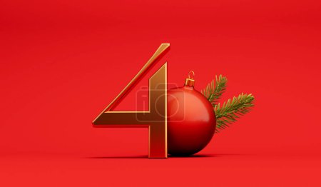 The 12 days of christmas. 4th day festive background gold lettering with bauble. 3D Rendering.