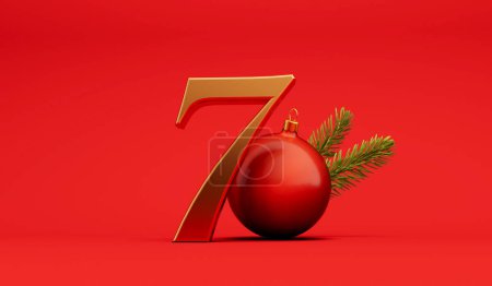 The 12 days of christmas. 7th day festive background gold lettering with bauble. 3D Rendering.