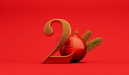 The 12 days of christmas. 2nd day festive background gold lettering with bauble. 3D Rendering.