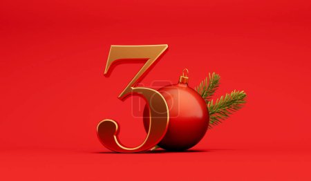 Les 12 jours de Noël. 3ème jour fond festif lettrage or avec boule. Rendu 3D.