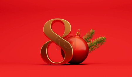 The 12 days of christmas. 8th day festive background gold lettering with bauble. 3D Rendering.
