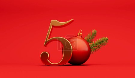 The 12 days of christmas. 5th day festive background gold lettering with bauble. 3D Rendering.