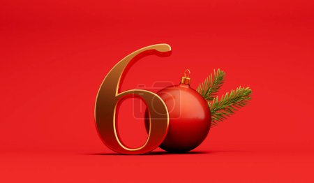 The 12 days of christmas. 6th day festive background gold lettering with bauble. 3D Rendering.