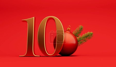 Les 12 jours de Noël. 10ème jour fond festif lettrage or avec boule. Rendu 3D.