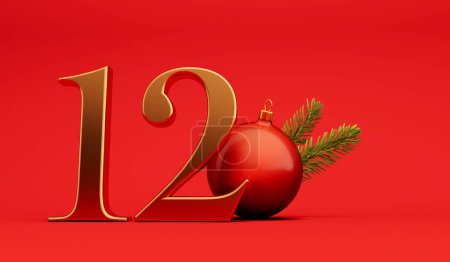 The 12 days of christmas. 12th day festive background gold lettering with bauble. 3D Rendering.