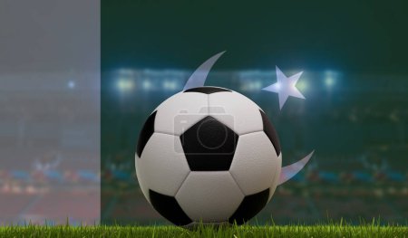 Photo for Soccer football ball on a grass pitch in front of stadium lights and pakistan flag. 3D Rendering. - Royalty Free Image