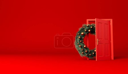 Foto de La corona de fiesta navideña de las ramas de abeto a la puerta roja abierta delantera. Renderizado 3D. - Imagen libre de derechos