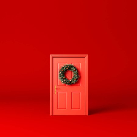 Festlicher Adventskranz aus Tannenzweigen an einer roten Haustür. 3D-Rendering.