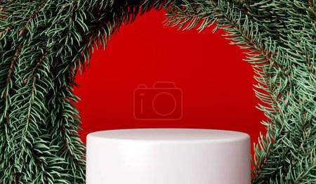 Foto de Expositor de productos navideños festivos soporte de podio con corona de rama de fie. Renderizado 3D. - Imagen libre de derechos