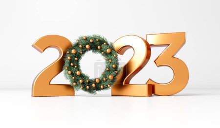 Foto de Feliz año nuevo 2023 texto de oro con guirnalda rama de abeto festivo. Renderizado 3D. - Imagen libre de derechos
