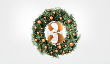 The 12 days of christmas. 3rd day festive wreath and text. 3D Rendering.