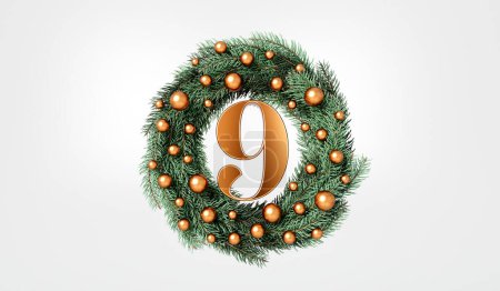 The 12 days of christmas. 9th day festive wreath and text. 3D Rendering.
