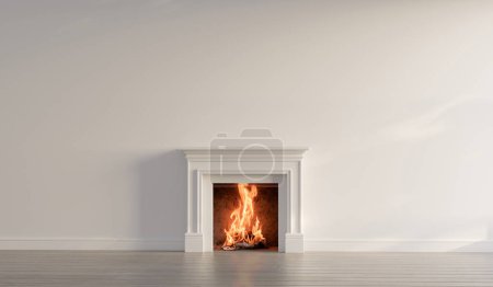 Large traditional fireplace with roaring fire. Empty mantle piece mockup shelf. 3D Rendering.