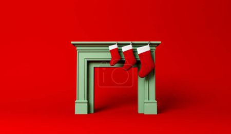Foto de Medias festivas colgando de una chimenea en Navidad. Diseño mínimo. Renderizado 3D. - Imagen libre de derechos