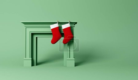 Photo for Festive stocking hanging from a fireplace at Christmas. Minimal design. 3D Rendering. - Royalty Free Image