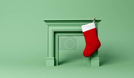 Foto de Medias festivas colgando de una chimenea en Navidad. Diseño mínimo. Renderizado 3D. - Imagen libre de derechos