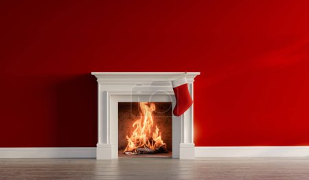 Téléchargez les photos : Bas de fête suspendu à une cheminée à Noël. Rendu 3D. - en image libre de droit