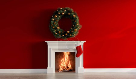 Red christmas stocking hanging on a fireplace. Festive cosy holiday background. 3D Rendering.