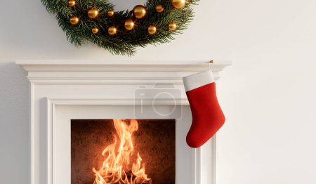Téléchargez les photos : Bas de Noël rouge accroché à une cheminée. Festive fond de vacances cosy. Rendu 3D. - en image libre de droit