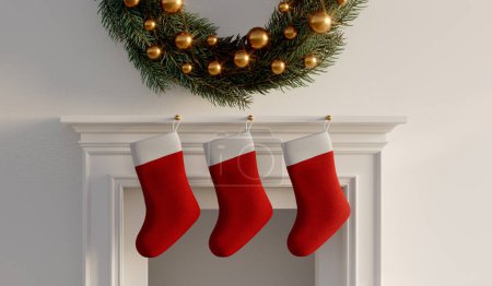 Foto de Medias rojas de Navidad colgando de una chimenea. Fondo festivo de vacaciones acogedor. Renderizado 3D. - Imagen libre de derechos