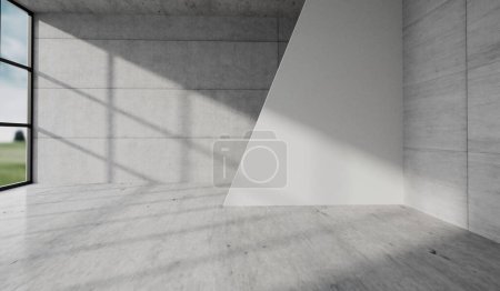 Téléchargez les photos : Béton espace intérieur moderne. Murs blancs et lumière du soleil projetant des ombres. Rendu 3D. - en image libre de droit