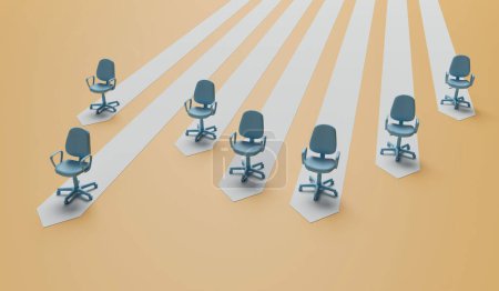 Foto de Concepto de liderazgo empresarial. sillas de oficina en un camino de flecha con uno por delante. desarrollo profesional. Renderizado 3D. - Imagen libre de derechos