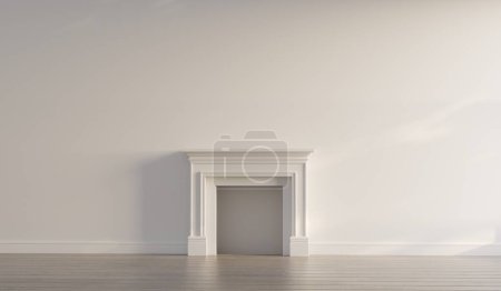 Photo for Large traditional fireplace without a fire. Blank walls. Empty mantle piece mockup shelf. 3D Rendering. - Royalty Free Image