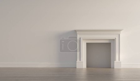 Photo for Large traditional fireplace without a fire. Blank walls. Empty mantle piece mockup shelf. 3D Rendering. - Royalty Free Image