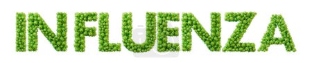 Foto de Palabra de influenza hecha de fuente de molécula de célula de bacteria verde. Salud y bienestar. Renderizado 3D. - Imagen libre de derechos