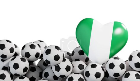 Foto de Corazón bandera de Nigeria con un fondo de pelota de fútbol. Banner de fútbol. Renderizado 3D. - Imagen libre de derechos